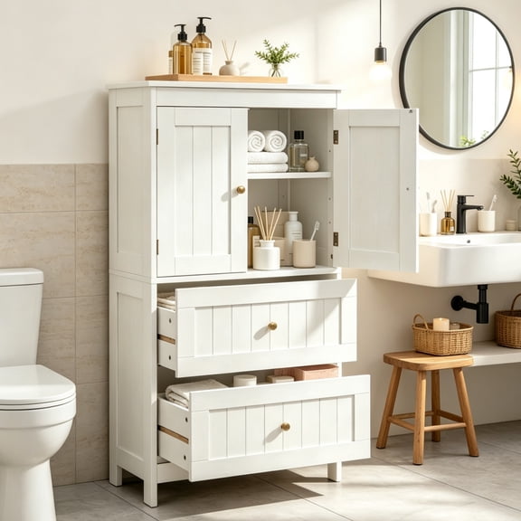 Ktaxon Bathroom Floor Storage Cabinet, Freestanding Cabinet with 2 Doors 2 Drawers, Adjustable Shelves, White