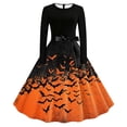 thumbnail image 2 of Women's Vintage Halloween Bat Print Swing Dress Long Sleeve 1950s Retro A-Line Midi Dresses with Satin Sash Belt for Gothic Cosplay Evening Prom Party, 2 of 6