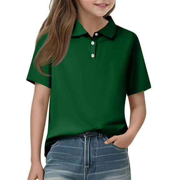HAJWOH Polo Uniform Shirts for Kids Girls School Short Sleeve Uniform Top Casual Button Uniform Shirts 2025 New Collared Polo Shirts Workout Blouse Dark Green 9-10 Years