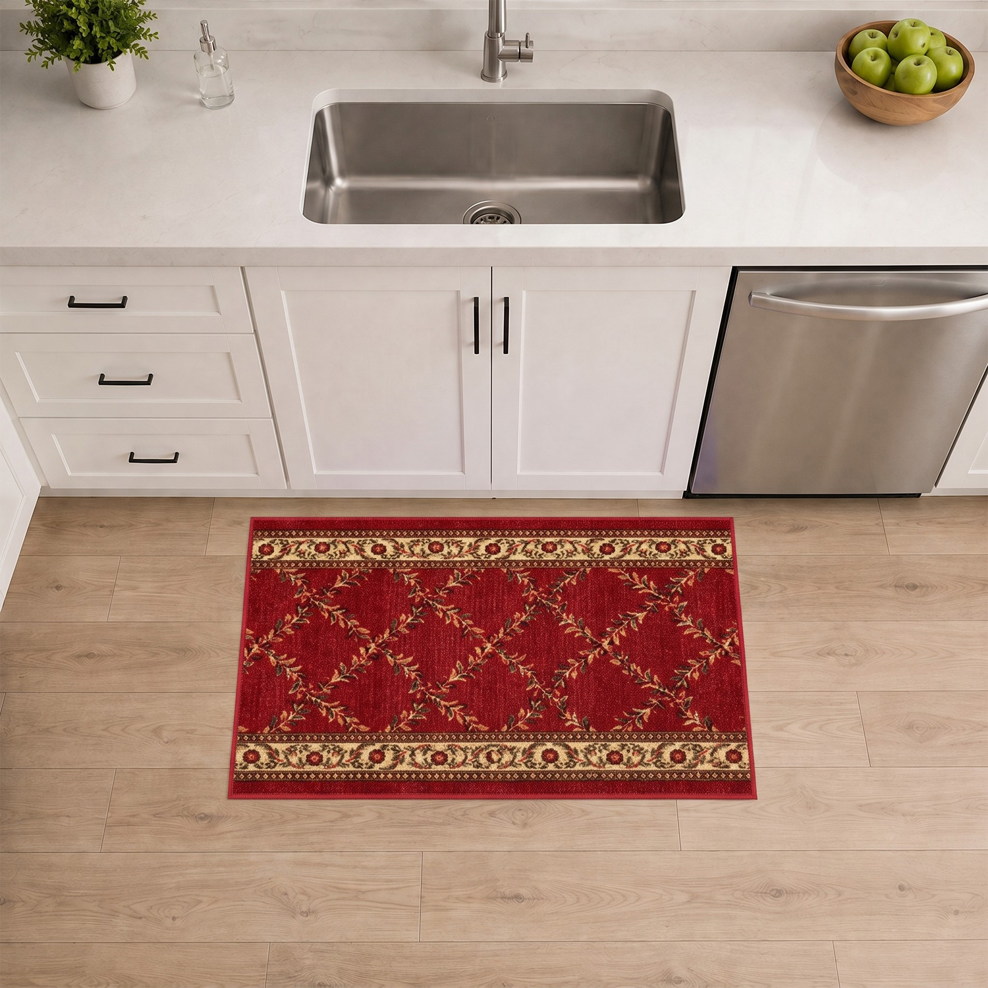 Ottomanson Non-Slip Indoor Entryway Rug 1'10.5" x 3' – Low Pile Stain Resistant Door Mat, Trellis Burgundy Red