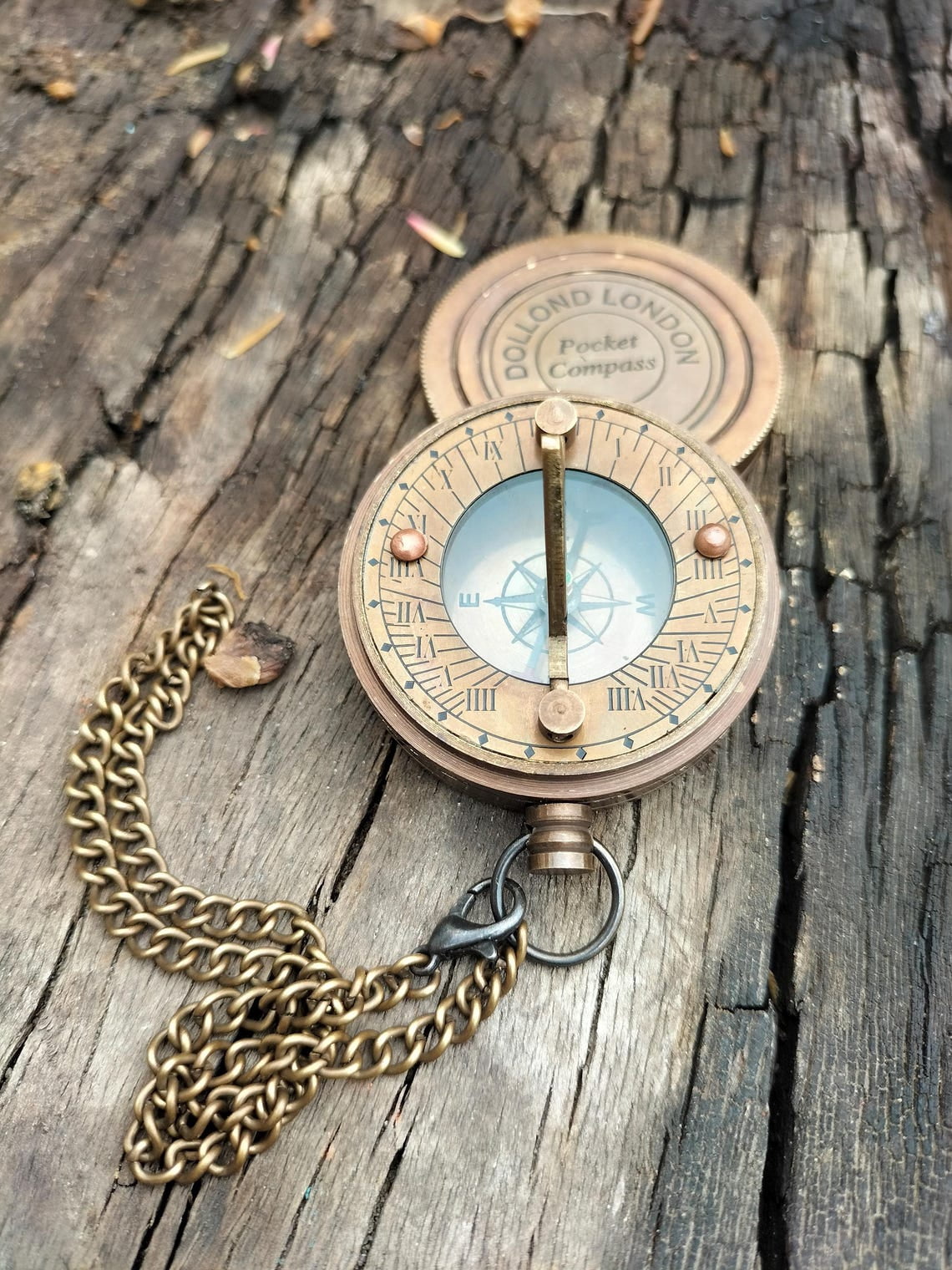 Antique Brass Sundial Pocket Compass – Dollond London 1885 – Vintage Nautical Compass with Chain – Steampunk Navigation Gift by Maritime Treasures