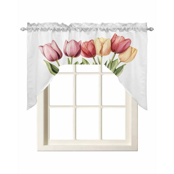 Tulip Flower Kitchen Swag Valances for Windows, Spring Botanical Floral Leaf Bow Vase Swag Valances Curtains for Living Room, Rod Pocket Window Treatments for Bathroom, Bedroom, Cafe, 56"x36"