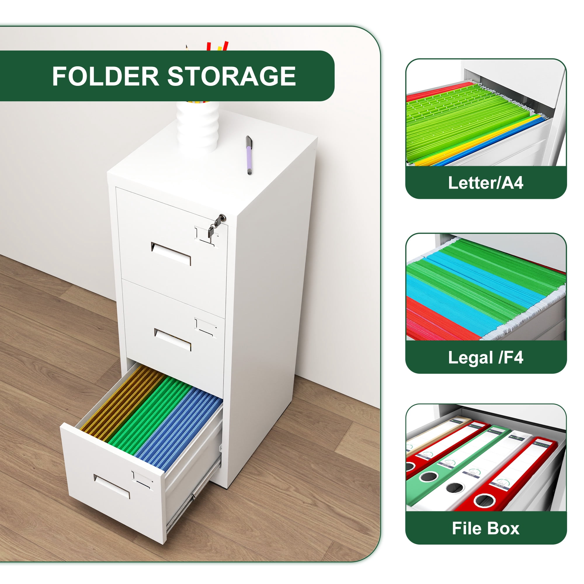 File Cabinet, 3 Drawer Filing Cabinet with Lock, Locking Vertical File Cabinet for Home Office, White Metal File Cabinet for Hanging Letter/Legal Folders, Easy Assemble