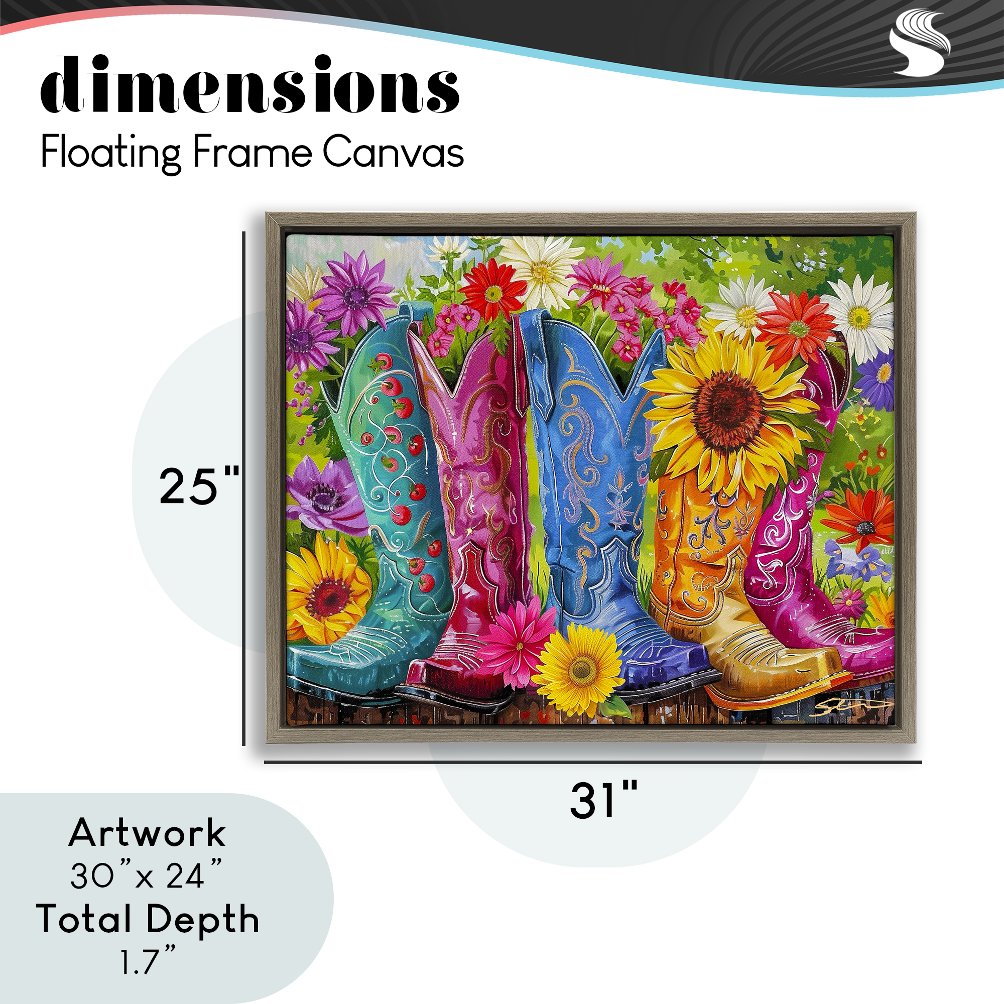 Cowboy Boots and Sunflowers Brown Framed Floater Canvas Wall Art, design by Shawna Stewart