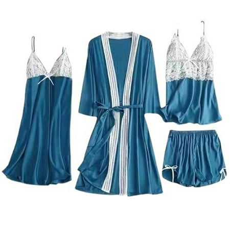 

HJCOMMED Womens Silk Satin Pajamas Sets 4pcs Sets Cami Top Shorts Nightgown Sleepwear Robe Sets Sexy Cute Matching Lounge Pjs Summer Savings Clearance! Blue