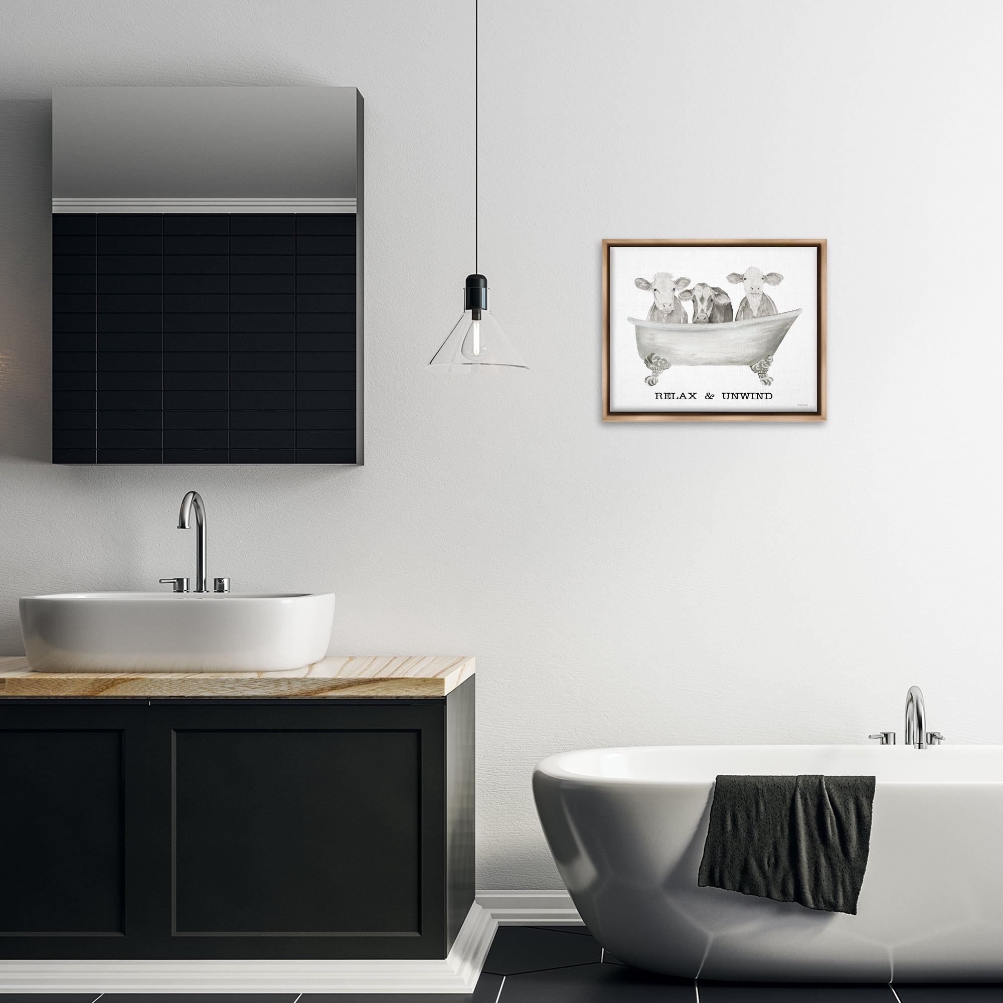 Stupell Industries Relax Unwind Cow Tub Bath & Laundry Painting Brown Floater Framed Canvas Art Print Wall Art, 21 x 17