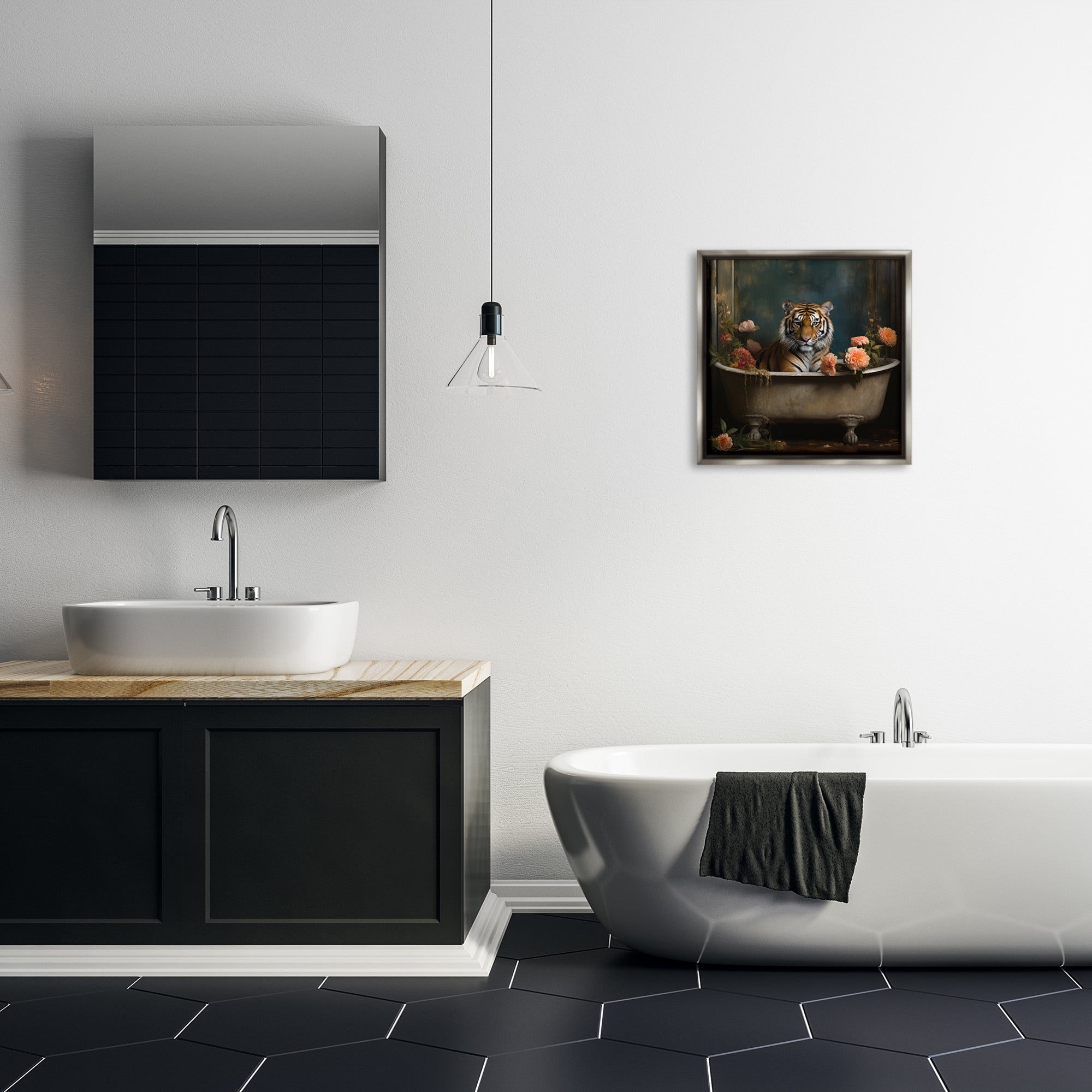 Tiger in Floral Bathtub Gray Floating Frame Canvas Art, 18 x 18