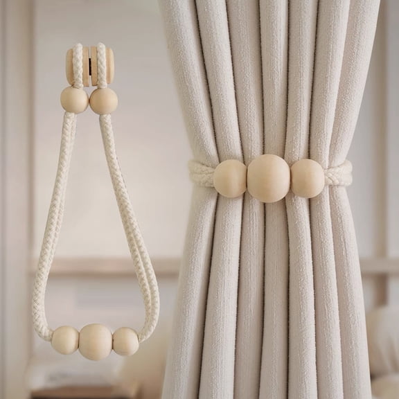 Hugtrea Magnetic Wood Beads Curtain Tieback, Farmhouse Rustic Window Curtain Holders Ties Backs, Handmade Decorative Drape Curtain Holdbacks