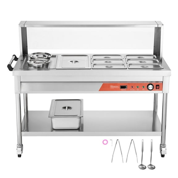 KFFKFF Industrial Food Heating Unit, 7 Trays   2 Vessels Electric Heat Station, 1800W Expert Catering Food Heating Device with Protective Under-shelf Wheels, Stainless Steel Serving Equipment