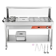 KFFKFF Industrial Electric Food Heating Unit, 7 Trays + 2 Bowls Steaming Station, 1800W Expert Catering Food Heater with Protective Shield, Under-shelf Wheels, Stainless Steel Serving Equipment