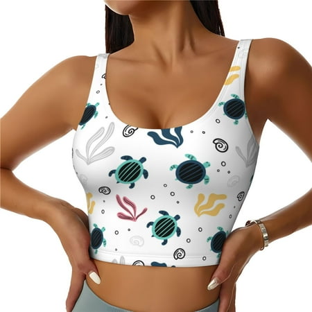 Cauagu Turtles And Corals Pattern Sports Bras for Women Round Neck Sports Bra Workout Crop Tank Tops Padded with Built in Shelf-Large