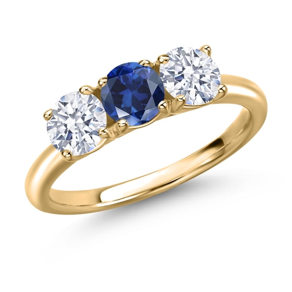 Gem Stone King 10K Yellow Gold Blue Created Sapphire and White Zirconia Engagement Ring for Women | 2.10 Cttw | Round 5MM | Gemstone September Birthstone | Size 9
