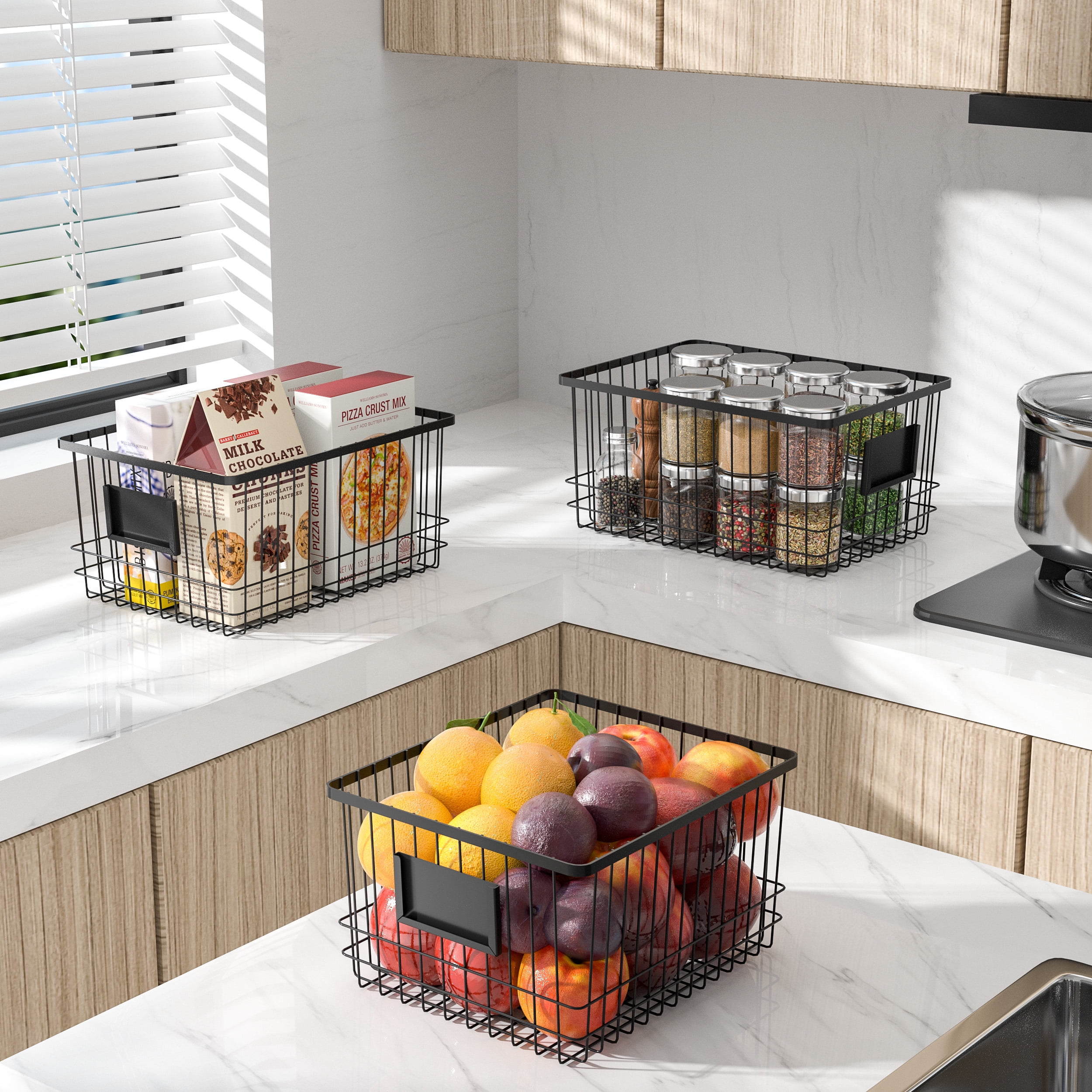Oceanstar WBH1903 6.1x9.1x12.1 in Metal Wire Organizer Bin Basket with Card Holder, Black - Set of 3
