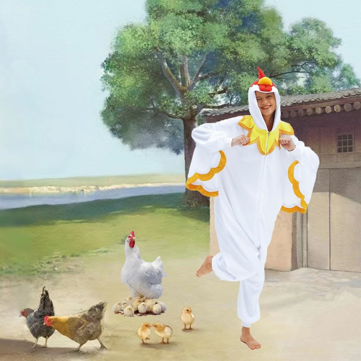 Chicken Onesie, Funny Onesies for Adults, Chicken Costume Adult Animal Cosplay One-Piece Pajamas, Halloween Costumes for Women and Men