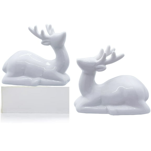 Porcelain Reindeer Figurines, Pack 2 Mini Animal Reindeer Decor Deer Statues Sculpture Tabletop Ornaments for Cabinet Mantel Shelves Fireplace Home Décor Accents Collectible Figurines