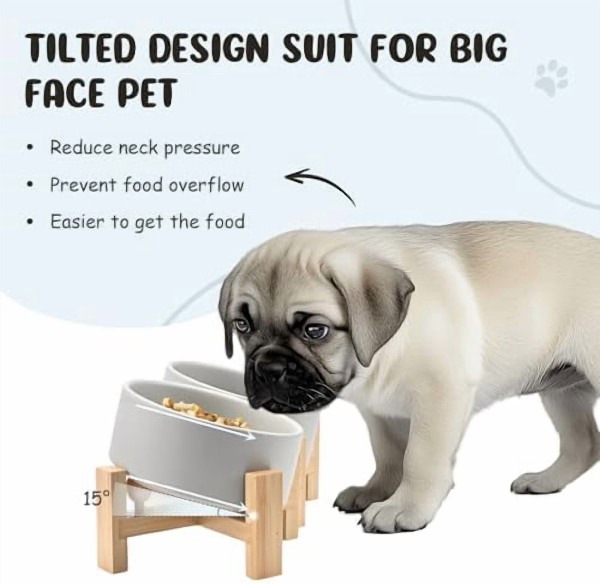15° Slanted Ceramic Dog and Cat Bowl with Wooden Stand, Tilted Bulldog Food and Water Bowl No Slip Non-Spill for Cats Medium Dogs Big Face Pets 13.5 OZ (1.7 Cups, Grey × 2)