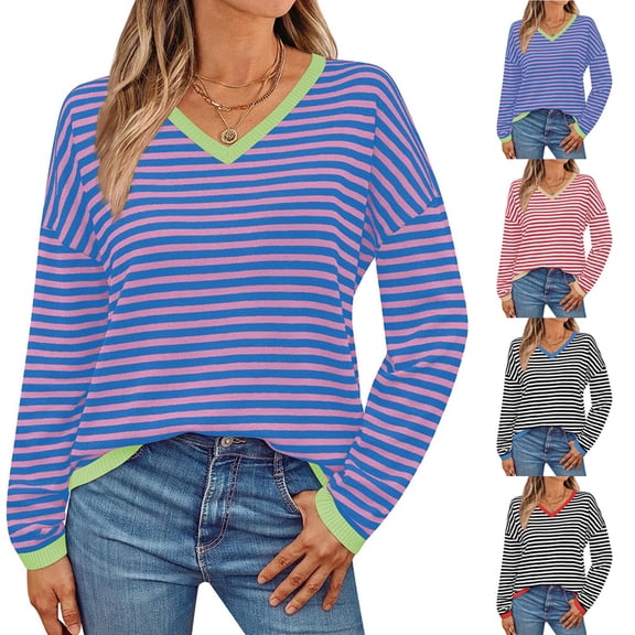Danhjin Women's Striped Sweaters Casual Print Tops Long Sleeve Crew Neck Oversized Pullover Fall Winter Fashion Comfy Soft Shirts Loungewear Outdoor Knitwear Blouses