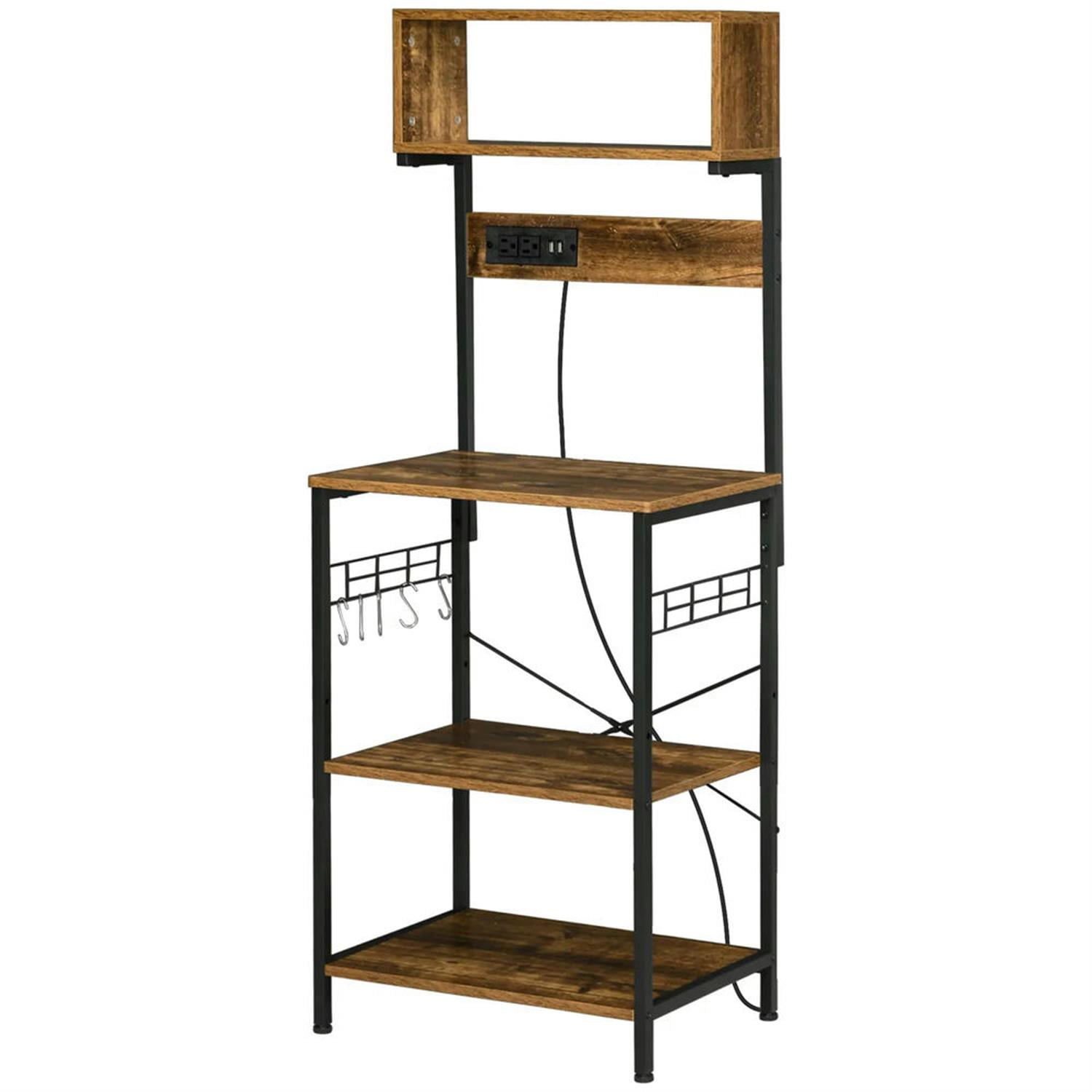 Demi Bonn 4 Tier Kitchen Island Bakers Rack with Power Outlet, USB Charger, Microwave Stand with Adjustable Shelves, 5 Hooks for Dining Room, Brown