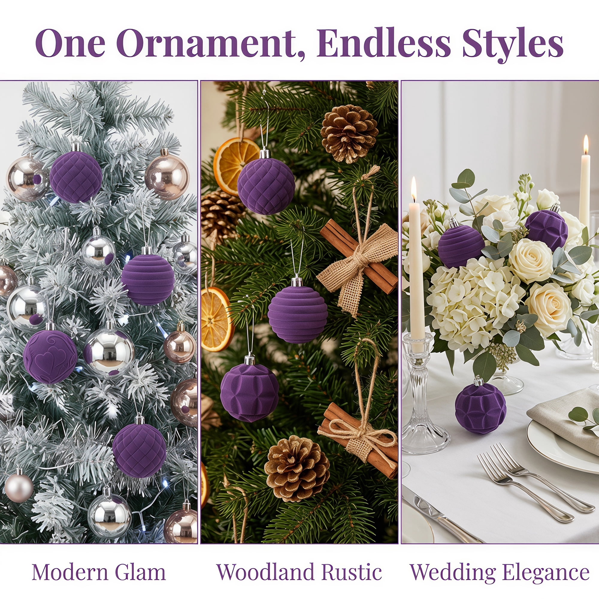 Unique Bargains Velvet Christmas 12 Pack Flocked Sphere Orbs Luxury Ornaments Purple 2.4"