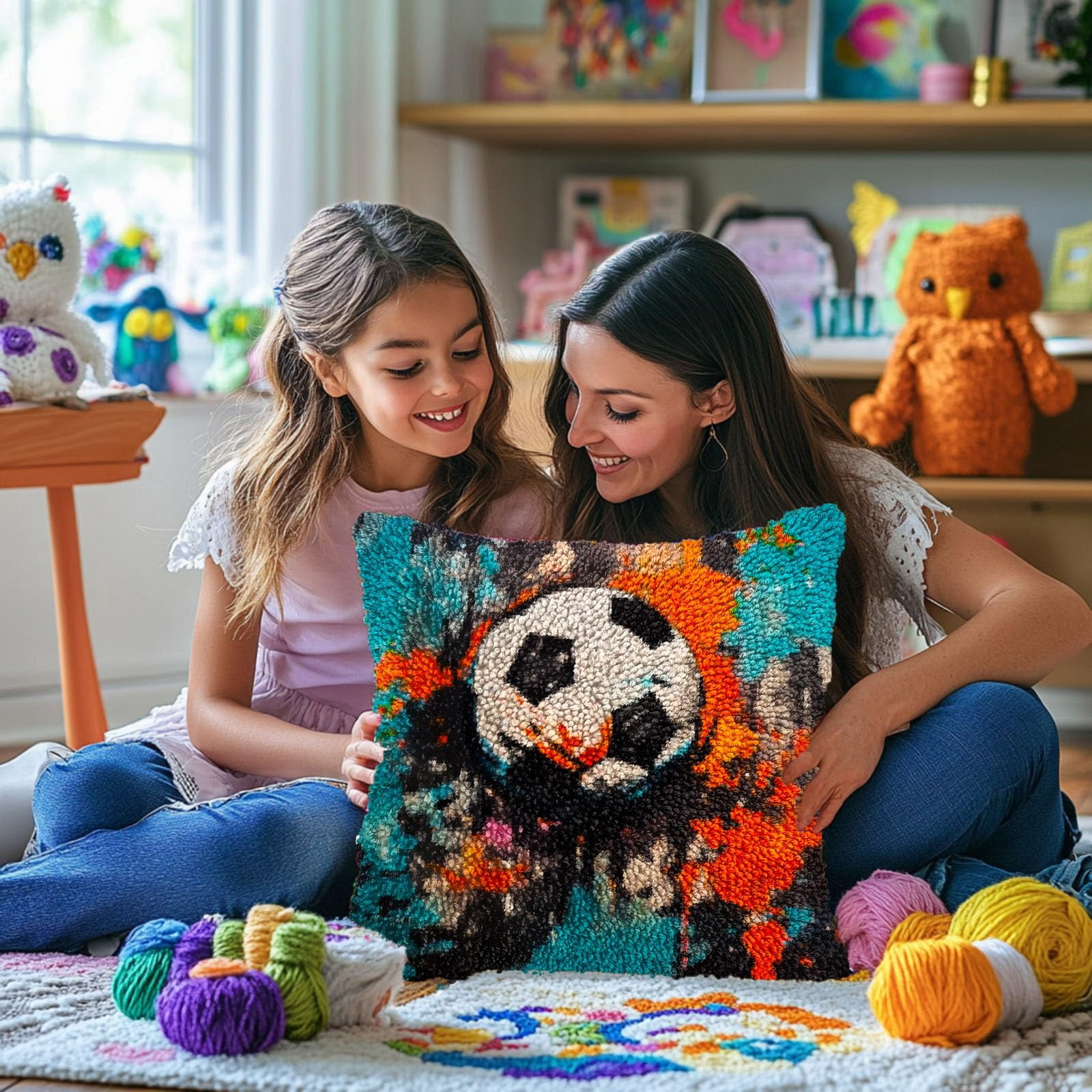Graffiti Colorful Soccer DIY Latch Hook Pillow Kits for Adults Printed Pillowcase Crochet Yarns Hooking Handmade Pillow Cover Cushion for Home Sofa Decoration 17x17inch