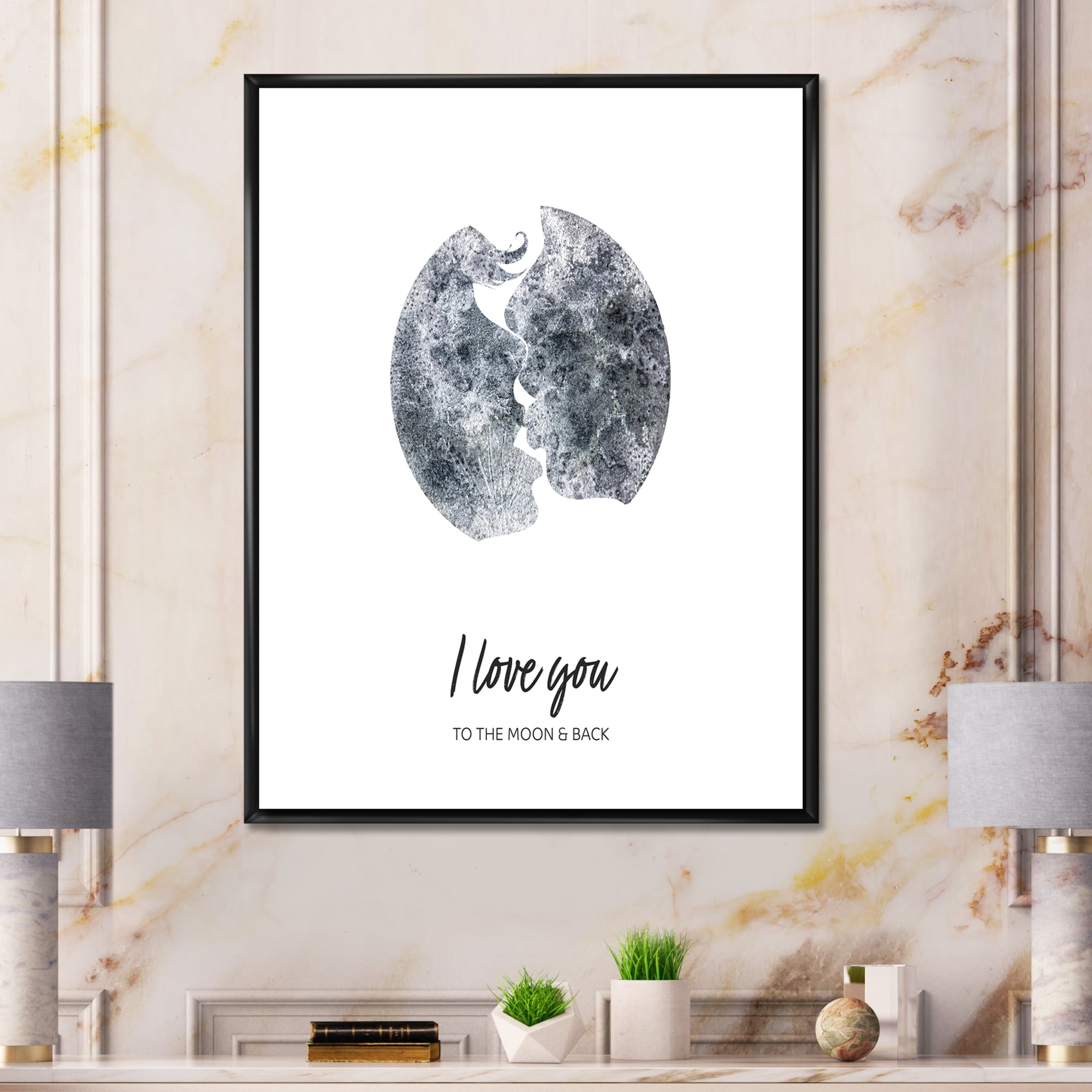 Designart 'Kiss of Two Lovers In Romantic Moon Shape' Modern Framed Canvas Wall Art Print