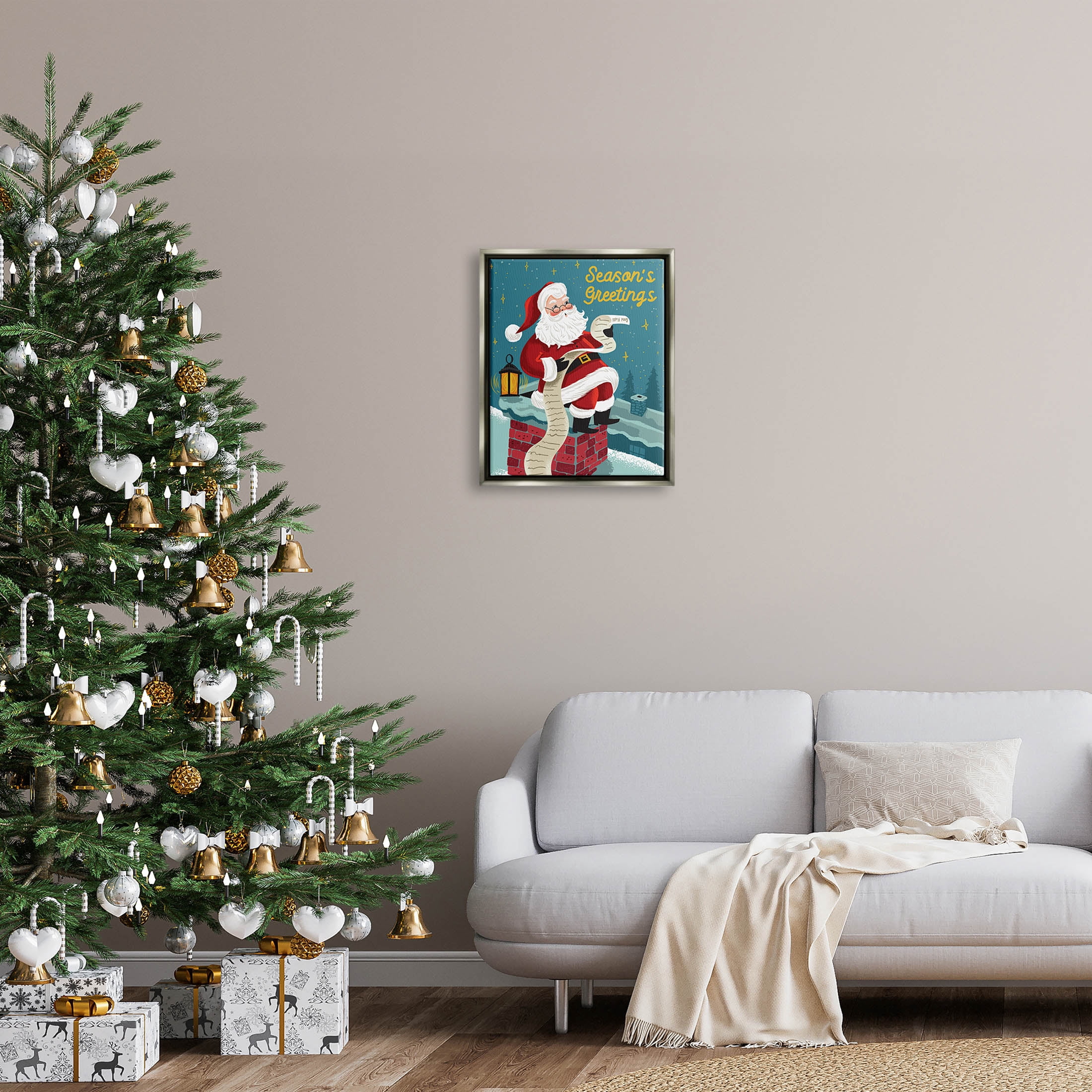 Season's Greetings Santa's List Chimney Holiday Graphic Art Luster Gray Framed Art Print Wall Art