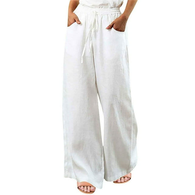 Pantalon de Taille Élastique à Large Jambe en Lin pour Femmes avec Poches