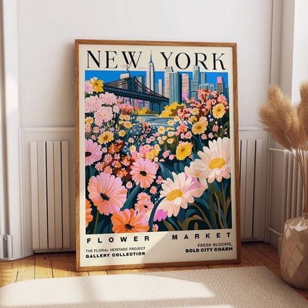 New York Flower Market Poster, Floral And Cityscape Wall Art, Nyc Skyline Travel UNFRAMED PAPER POSTER