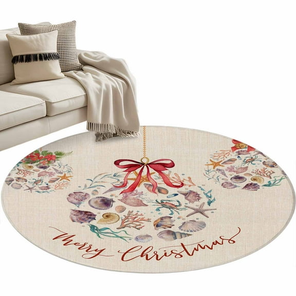 Coastal Christmas Round Area Rug 3 FT, Small Kitchen Bathroom Mat, Xmas Balls Nautical Starfish Washable Indoor Outdoor Throw Runner Carpet Non-Shedding Doormat for Table Shower Sofa Entryway