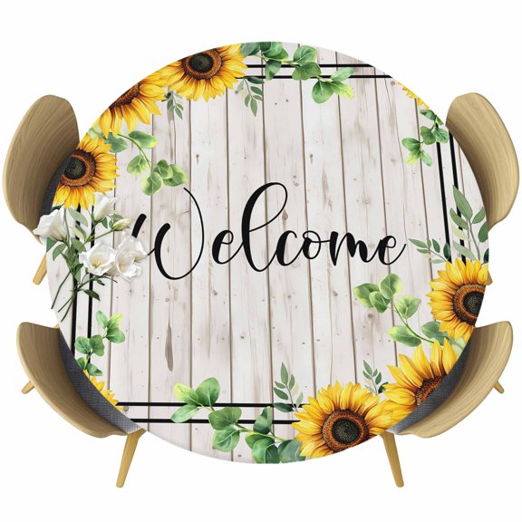Yellow Sunflowers Round Tablecloth, Fitted Table Cover with Elastic for 36"-44" Round Tables, Botanical Floral Leaves Wooden Grain Table Cloth Outdoor Indoor Dinning Party Waterproof Tablecloths