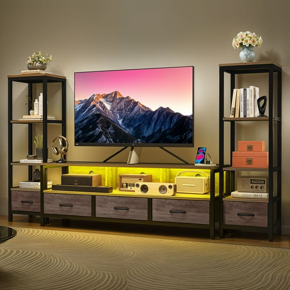 Dextrus LED TV Stand with Bookcase for Tvs up to 65", Entertainment Stand with Power Outlets, Gray