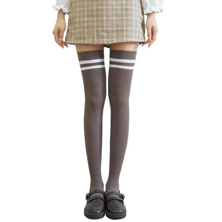 

Zhiyuan 1 Pair Women Stockings High Elasticity Soft Solid Color Over The Knee Striped Keep Warm Lolita Flexible Anti-shrink Winter Thigh Socks for School