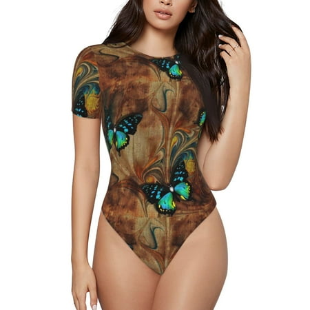 Gaeub Vintage Butterfly Green Print Women s Short Sleeve One Piece Swimsuit Sexy High-Waisted Bodysuit Bathing Suit for Swimming  Beach  Sports-Small