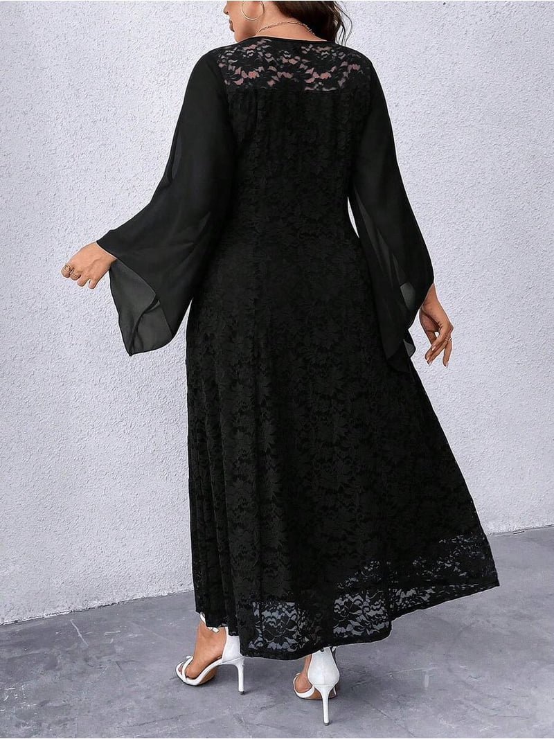 black lace bell sleeve dress Beaded Sheer Black Lace Bell Sleeve Vintage Prom Dress