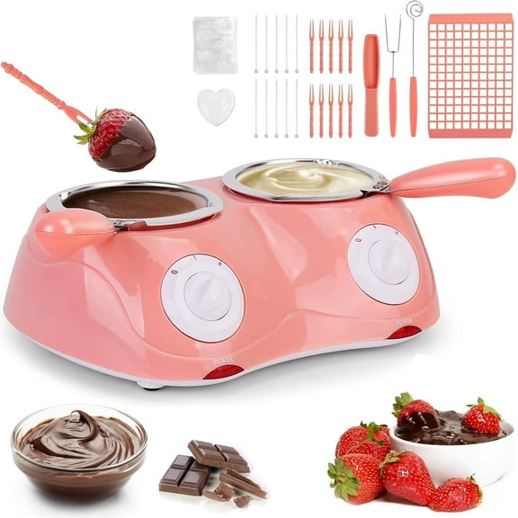 OhhGo Electric Chocolate Melting Pot, Mini Chocolate Fondue Warmer Machine, Chocolate Candy Fondue Fountain Kit with Double Melting Pot for Milk Chocolate, Cheese, Butter, Candy, Pink