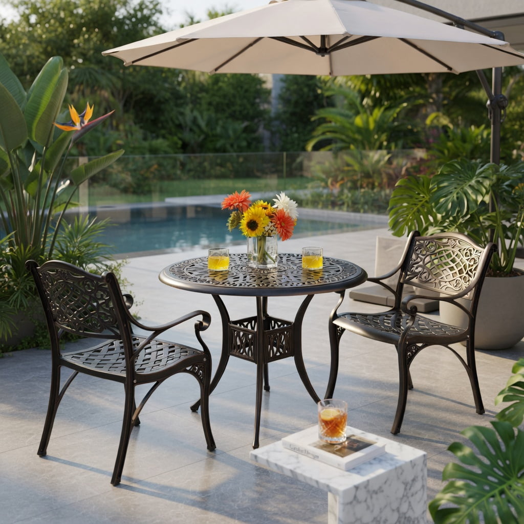 Hommoo 2-Pack Outdoor Cast Aluminum Dining Chairs with Ergonomic Armrests, Curved Breathable Seats & Adjustable Feet, Black