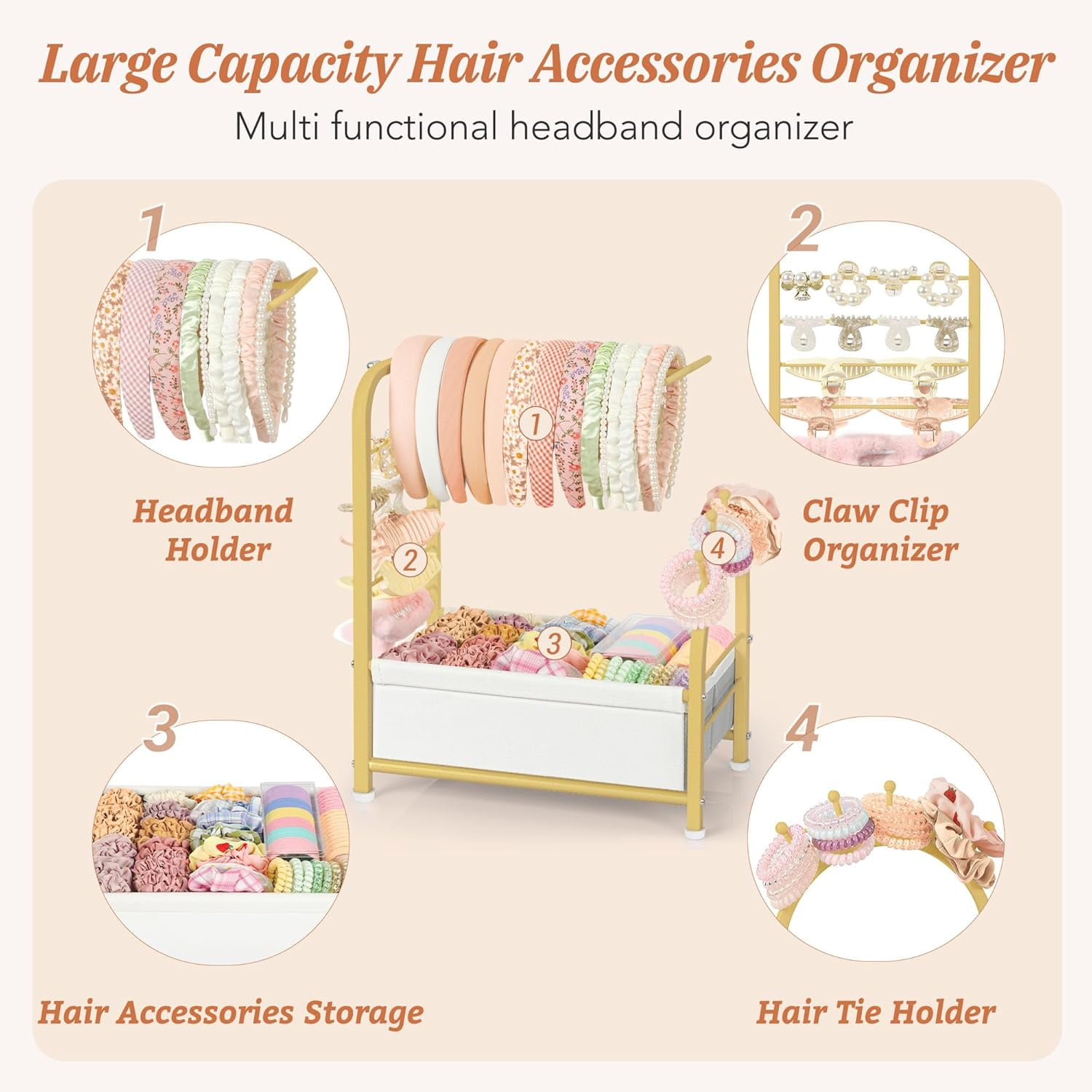 Headband Holder Stand - Versatile Organizer for Scrunchies, Bows & Claw Clips - Compact Hair Accessories Storage for Girls, Women, Babies,Golden