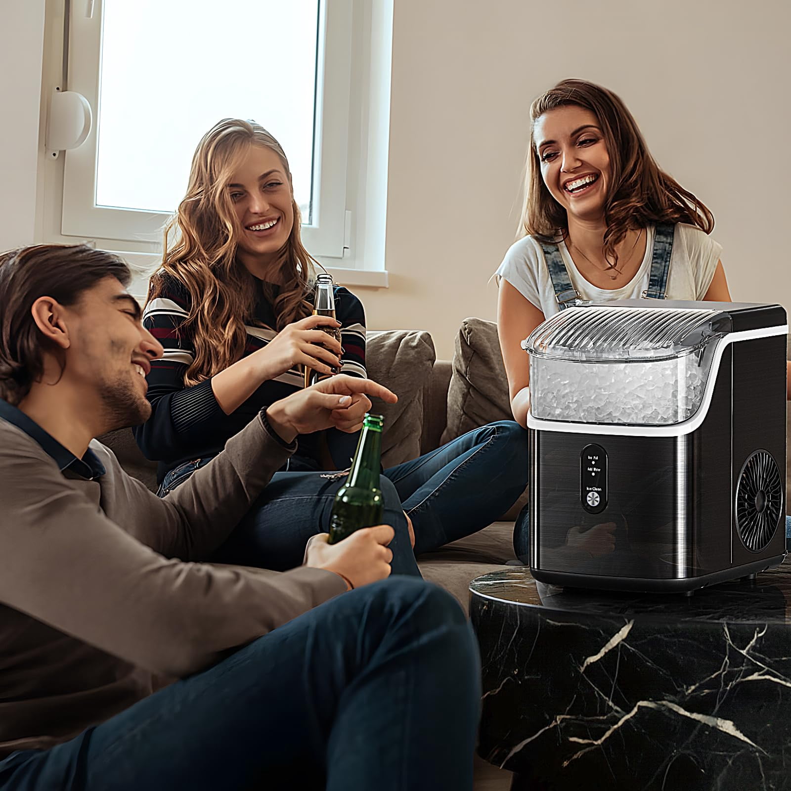 FREE VILLAGE Nugget Ice Makers Countertop,Pebble Ice Maker Machine with Soft Chewable Ice,35lbs/24H,Self-Cleaning,One-Click Operation,Stainless Steel, Crushed ice Maker for Home Kitchen Office