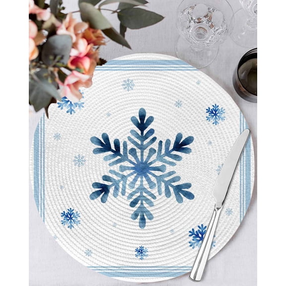 13 Inch Round Placemats Set of 6, Navy Blue Snowflake Non Slip Heat Insulation PP Table Mats, Christmas Winter Vintage White Stripes Washable Place Mats for Kitchen Dining Party Table Decor