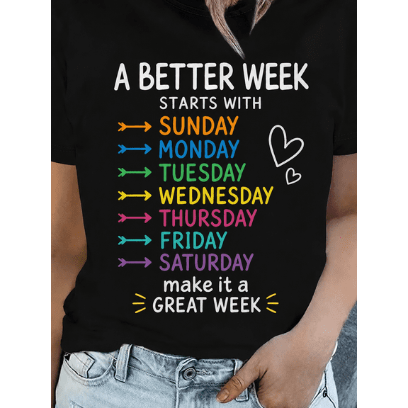 A Better Week Starts With Sunday Graphic T-Shirt, Inspirational Colorful Days of the Week Tee, Casual Positive Message Shirt for Women