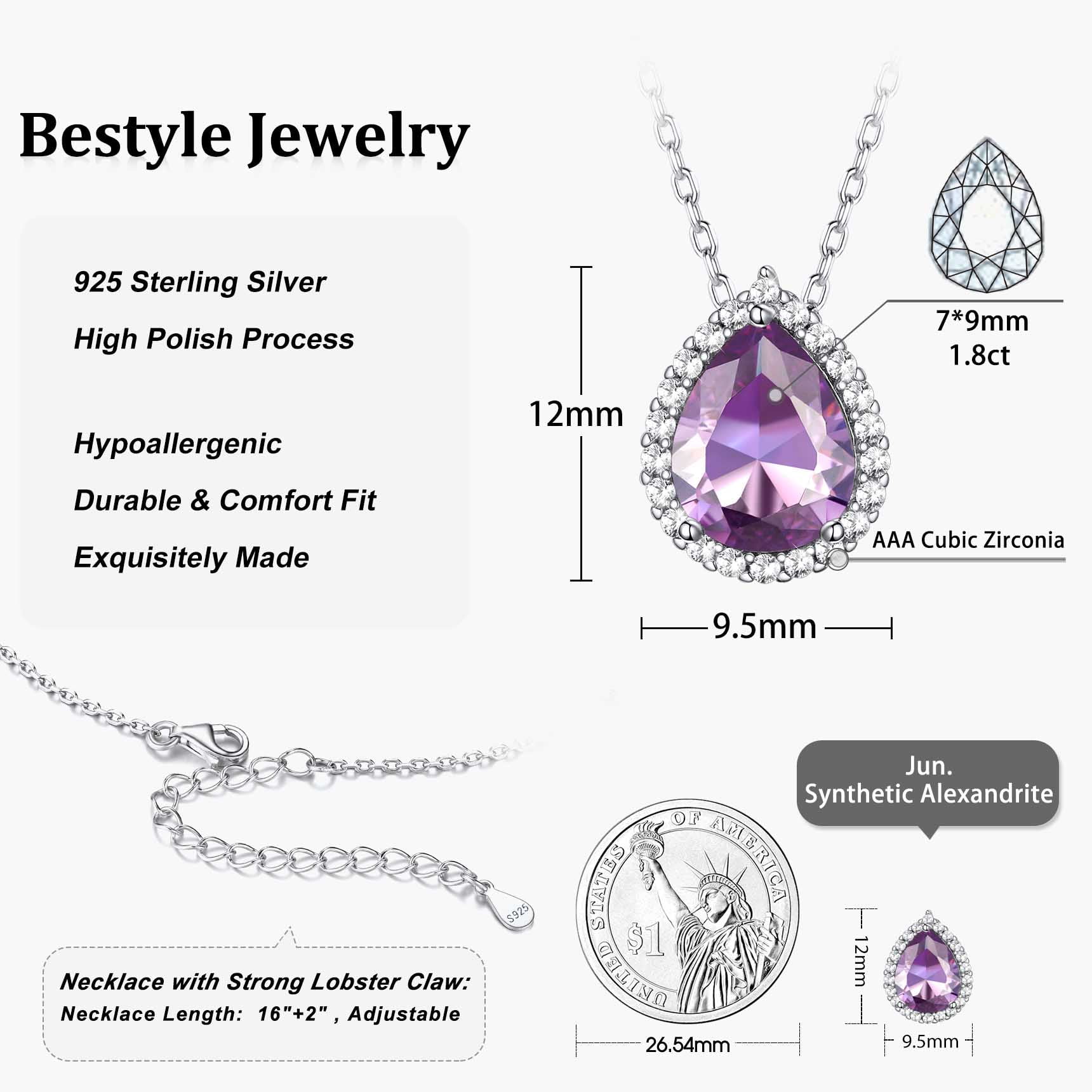 Bestyle Pear Birthstone Necklace for Women June Alexandrite Pure Sterling Silver Jewelry Birthday Graduation Gifts for Wife Daughter Mother
