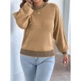 thumbnail image 4 of Women Casual Knit Crew Neck Contrast Striped Lantern Long Sleeve Loose Knit Pullover Sweater Khaki M, 4 of 9