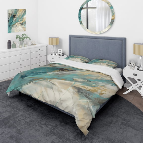 Designart "Aquamarine Fortuity Abstract Canvas II" Abstract Painting Bedding Covert Set - Modern Turquoise Abstract Bed Set With 2 Shams