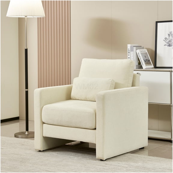 Modern Chenille Accent Chair with Solid Wood Frame, Plush Beige Upholstered Armchair for Living Room, Bedroom, or Office