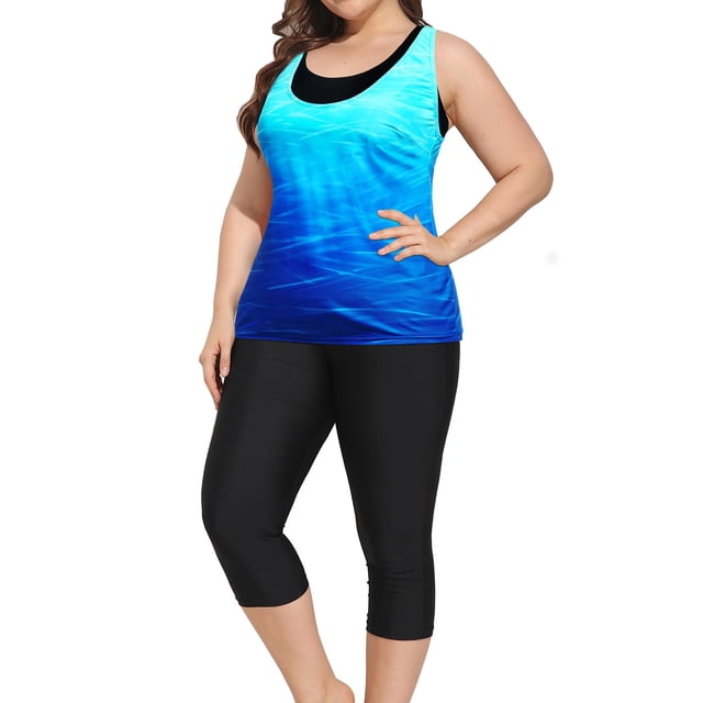 Trajes de baño Yonique de 3 piezas, talla grande, color azul degradado