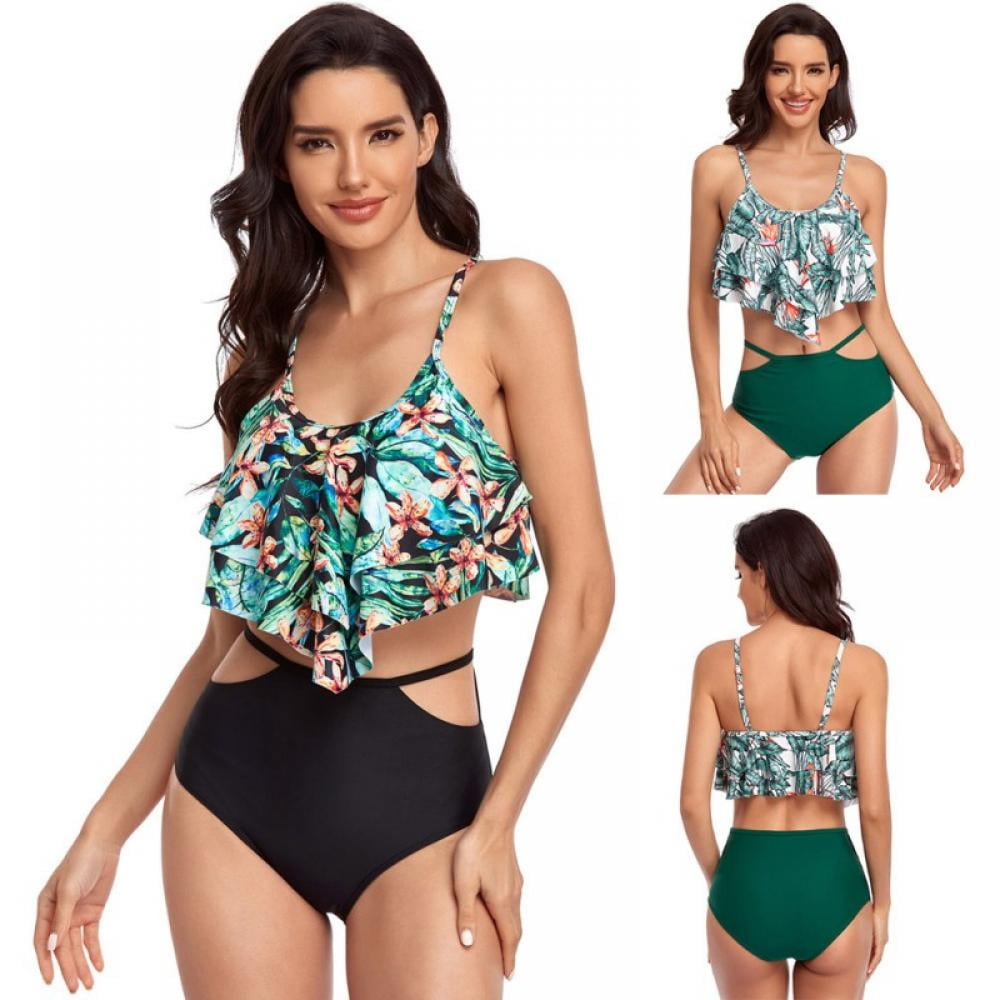 SouqFone Swimsuits for Women Two Piece Bathing Suits Ruffled Flounce Top with High Waisted Bottom Bikini Set 