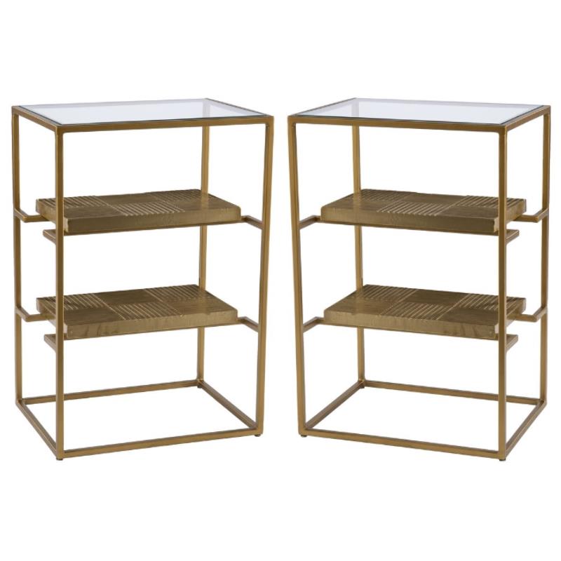Home Square Metal End Table with Glass Top in Brass Set of 2