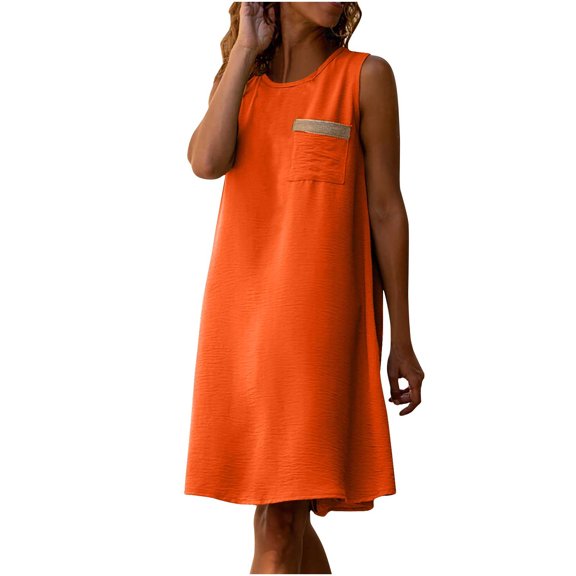 BLVB Summer Sleeveless Dresses for Women Crewneck Loose Casual Dress for Women Knee Length Tank Dress
