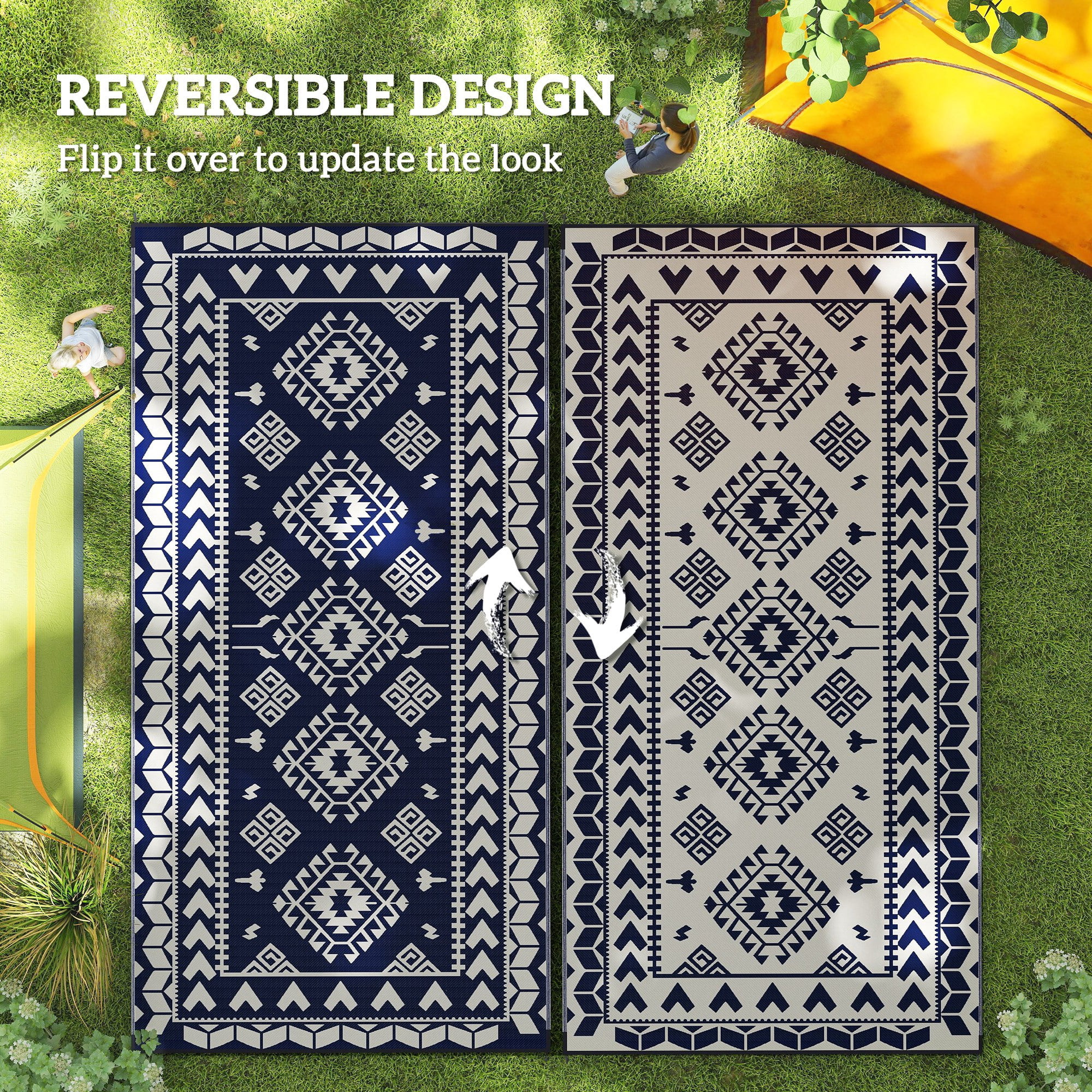 9' x 18' Blue & White Rhombus Patchwork Reversible Outdoor Patio Rug, Waterproof Portable Camping Mat with Carry Bag, Foldable RV Carpet