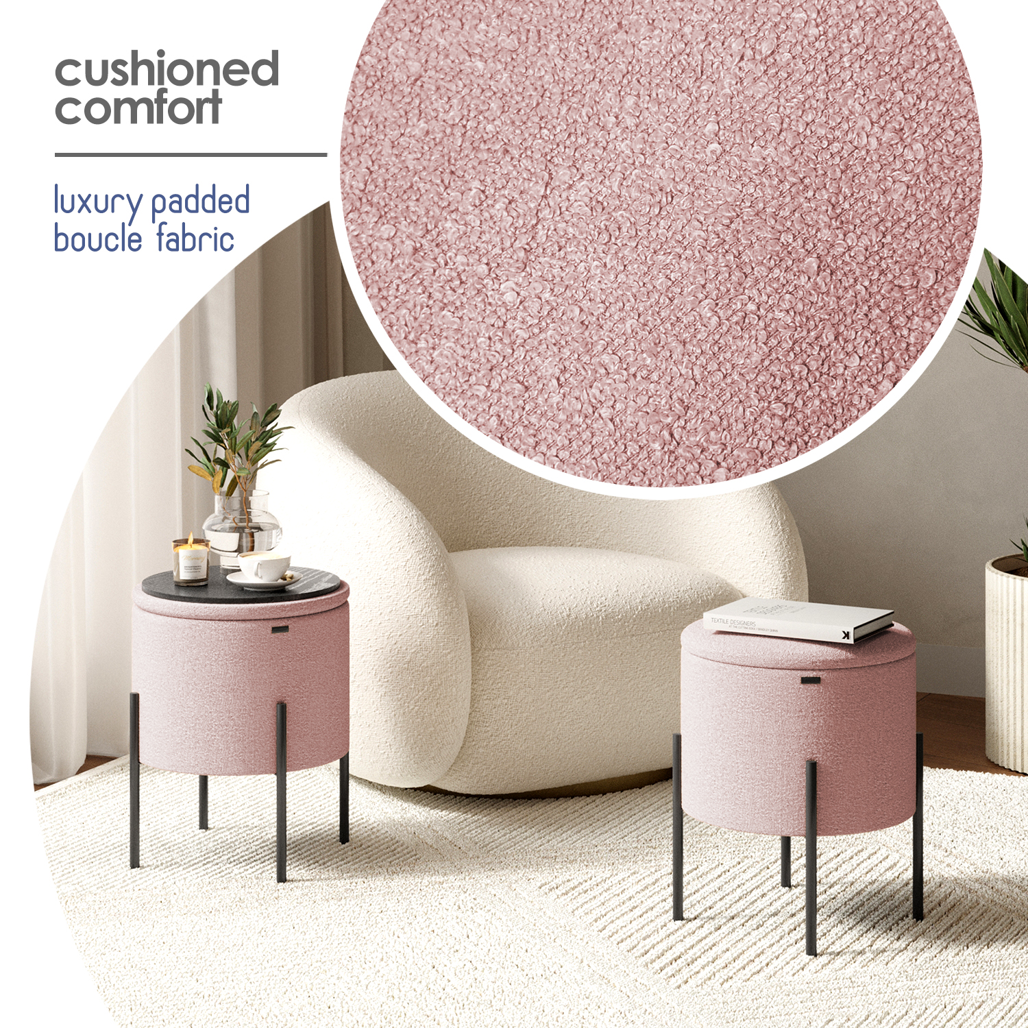 LammaLoe Small Round Ottoman with Storage, Boucle Ottoman Foot Stool with Lid, Upholstered Vanity Stool for Living Room & Bedroom, Pink